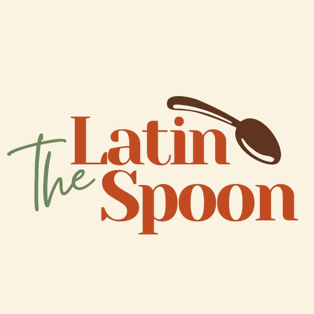 Logo for The Latin Spoon, contains letters in red and green. A brown spoon is shown also