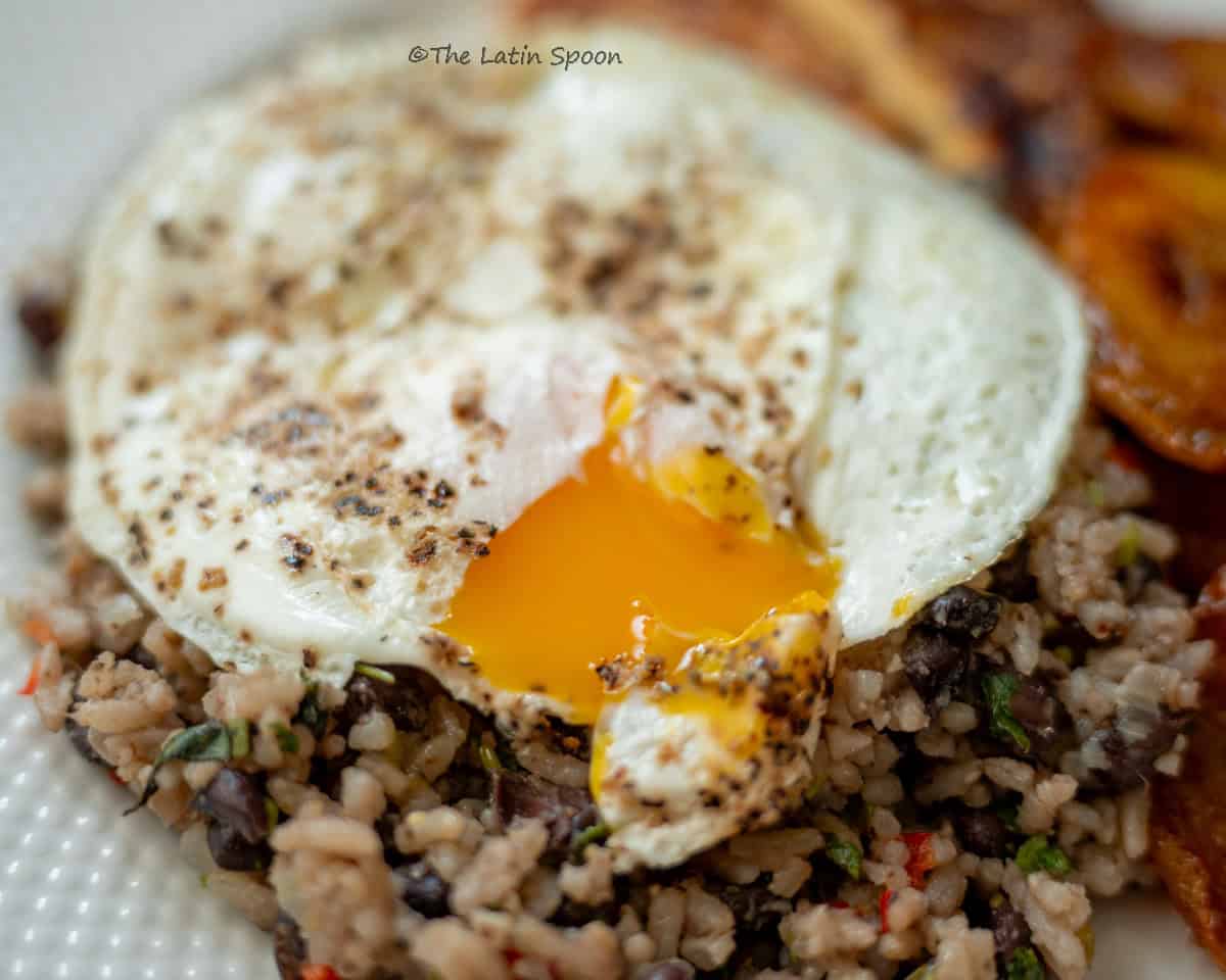 White plate with Gallo Pinto topped with a sunny-side-up egg, the runny yolk spreading throughout the rice and beans.