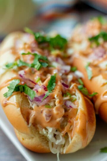 Side view of a Costa Rican hot dog in a bun topped with cabbage, pink sauce, and cilantro. Two hot dogs are on the same square plate with cabbage in the background.