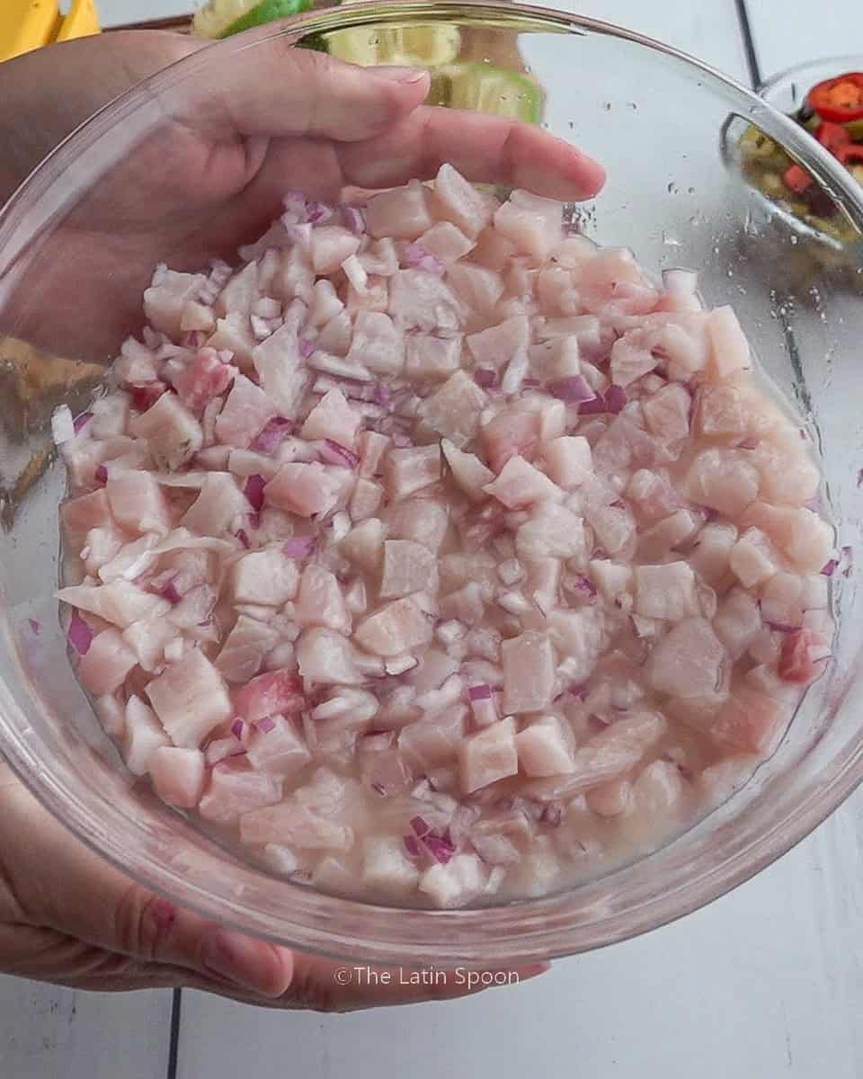 A clear bowl held by two hands, containing pieces of fish and chopped red onion, lightly covered with lemon juice.