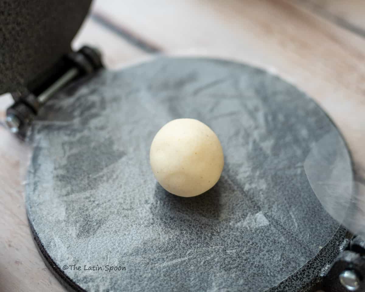 A ball of dough placed on a circular piece of plastic over a tortilla press.