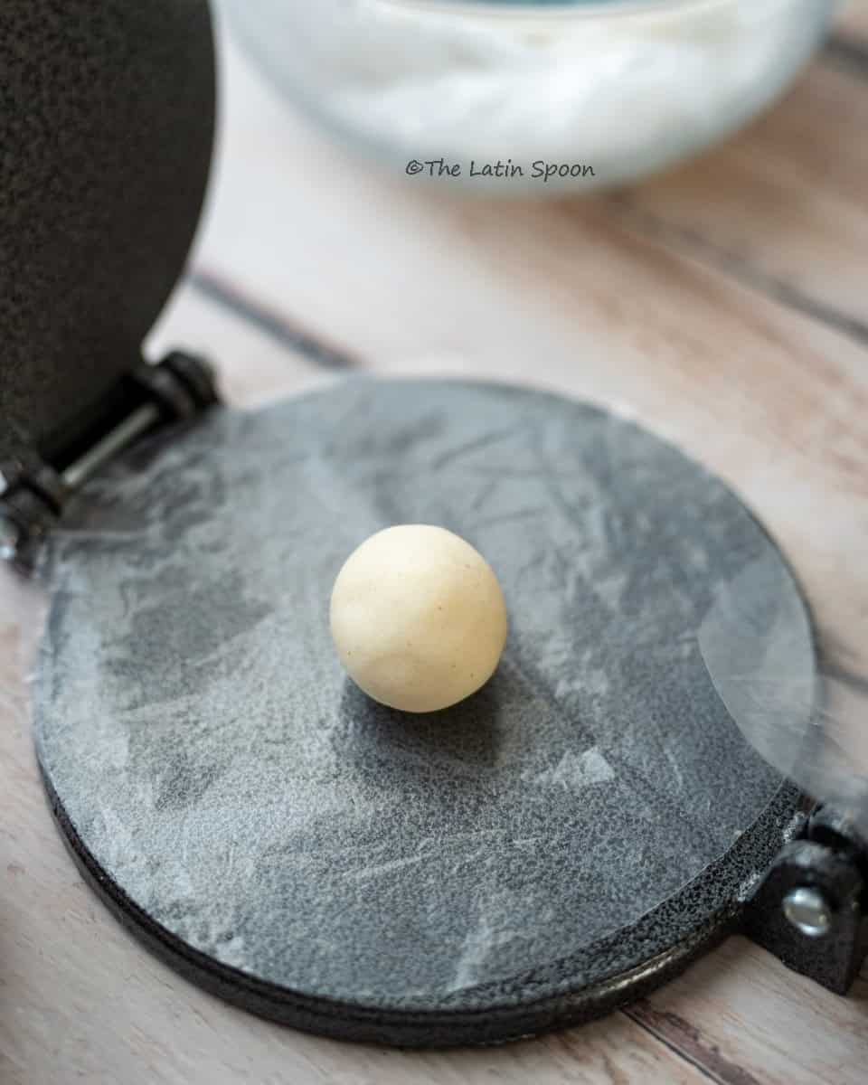 A ball of dough placed on a circular piece of plastic over a tortilla press.