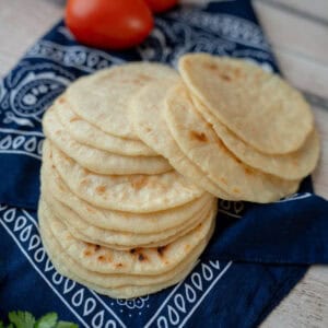 Freshly hand-shaped tortillas resting on a traditional Costa Rican cloth, with tomatoes in the background.