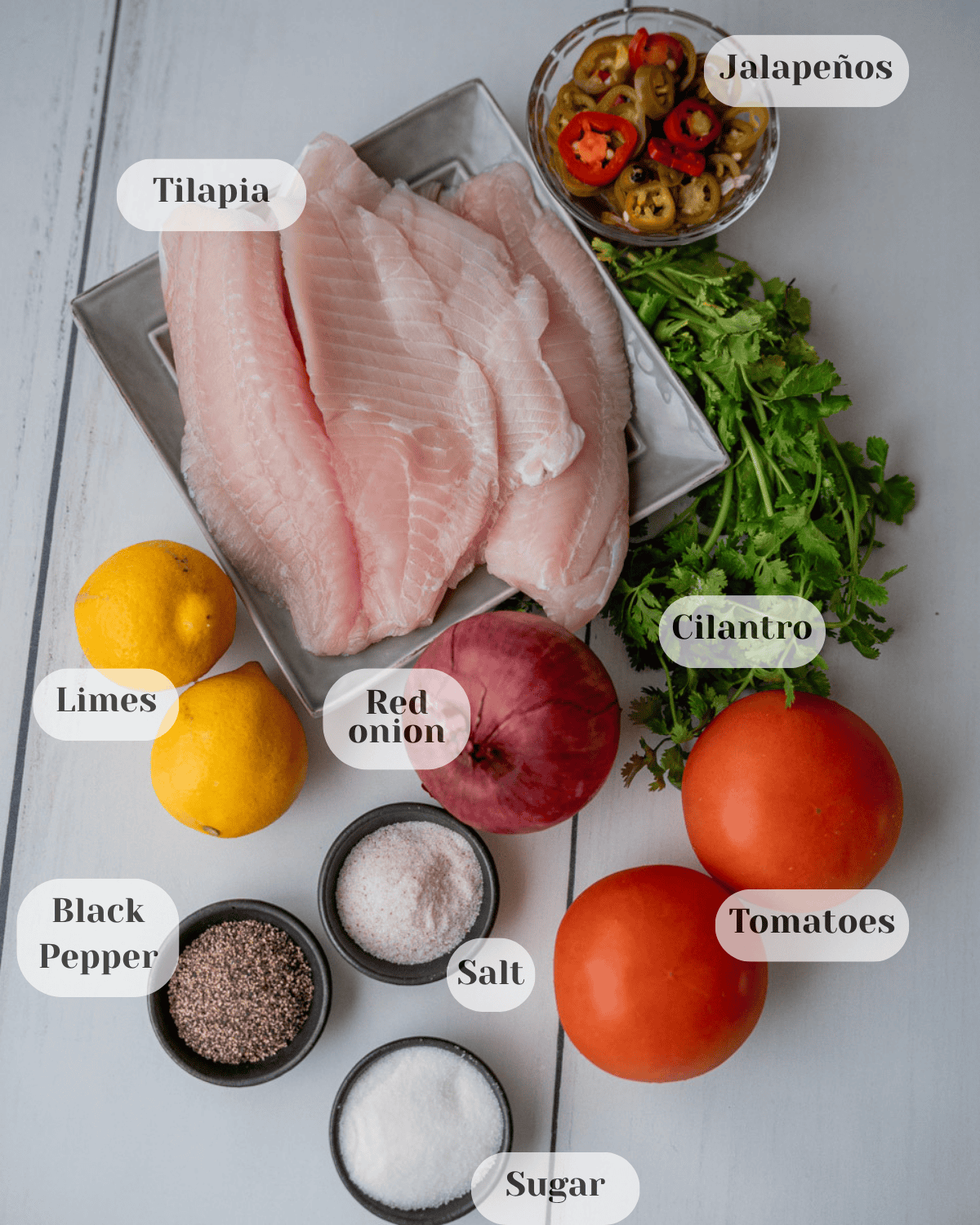 Top view showing the following ingredients: fresh tilapia, red onion, tomato, yellow lemons, black pepper, salt, cilantro, jalapeño pepper, and sugar.