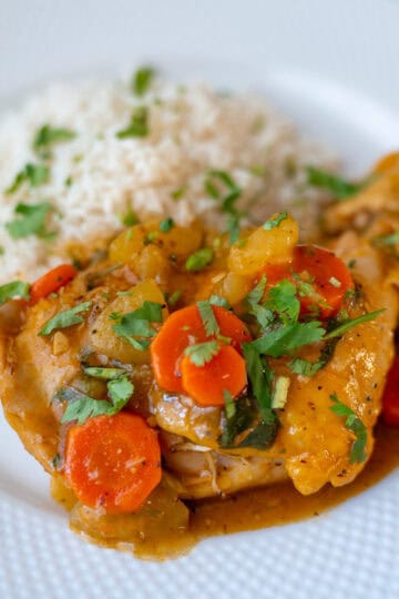 A plate with a piece of chicken and carrots, served with white rice and decorated with little pieces of fresh cilantro