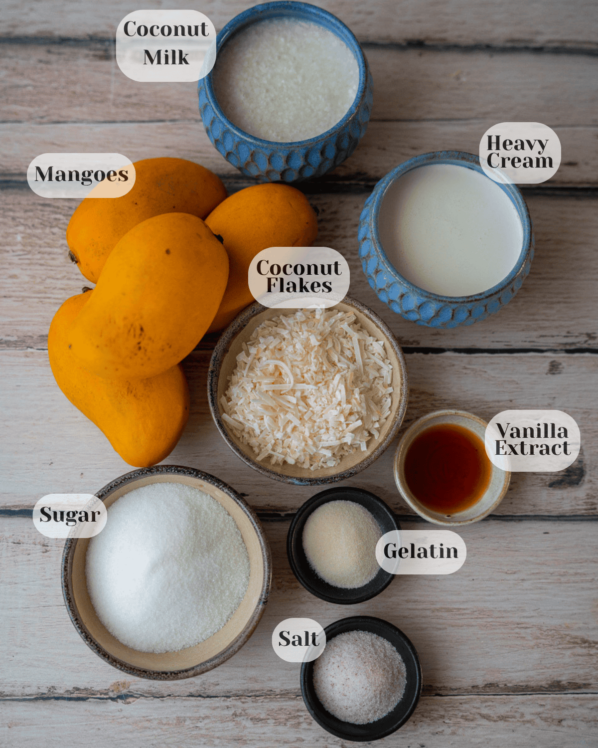 A cup of coconut milk, heavy cream, several mangoes, a small bowl of coconut pieces, another with vanilla extract, powdered gelatin, sugar, and salt.