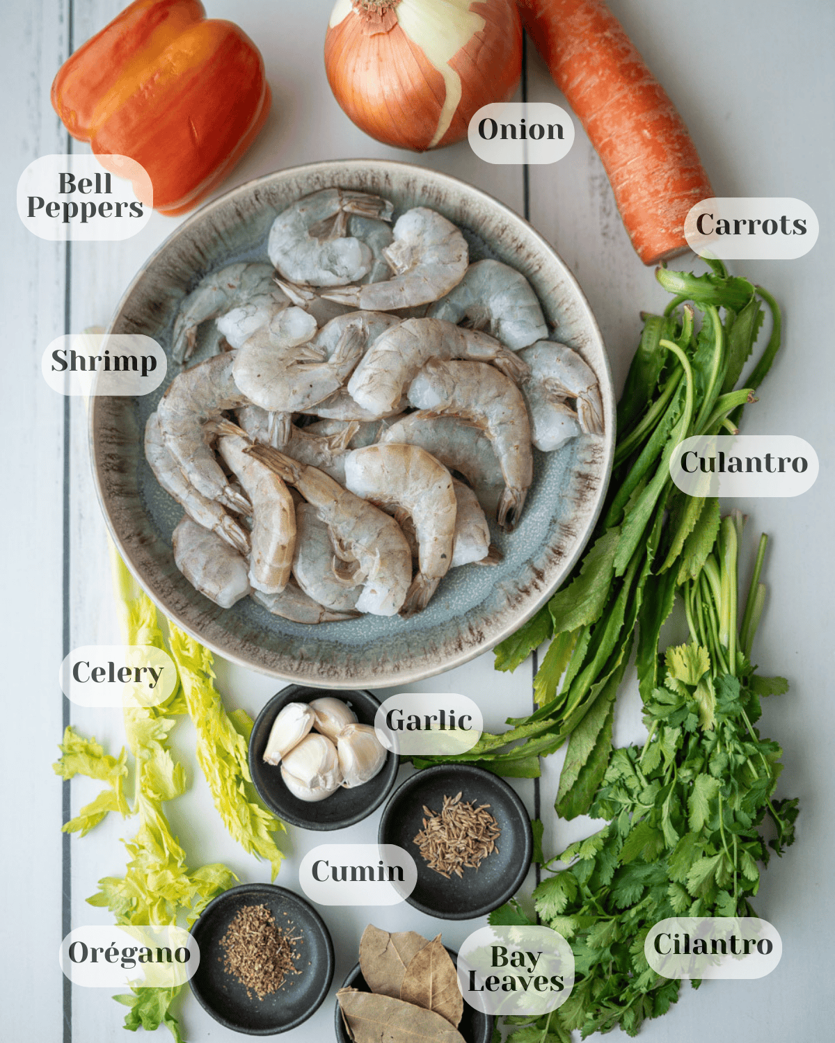 An overhead photo of the ingredients: an onion, a bell pepper, a carrot, culantro coyote, cilantro, celery, garlic, cumin, oregano, and bay leaves.