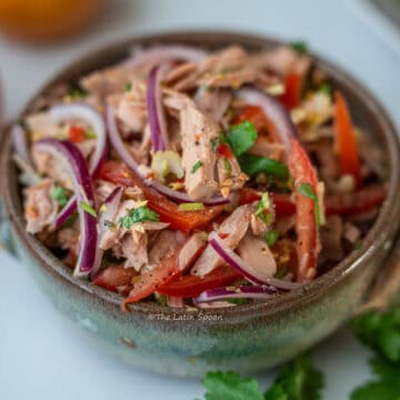 A bowl of tuna salad, showing tomatoes, onions and tuna mixed in