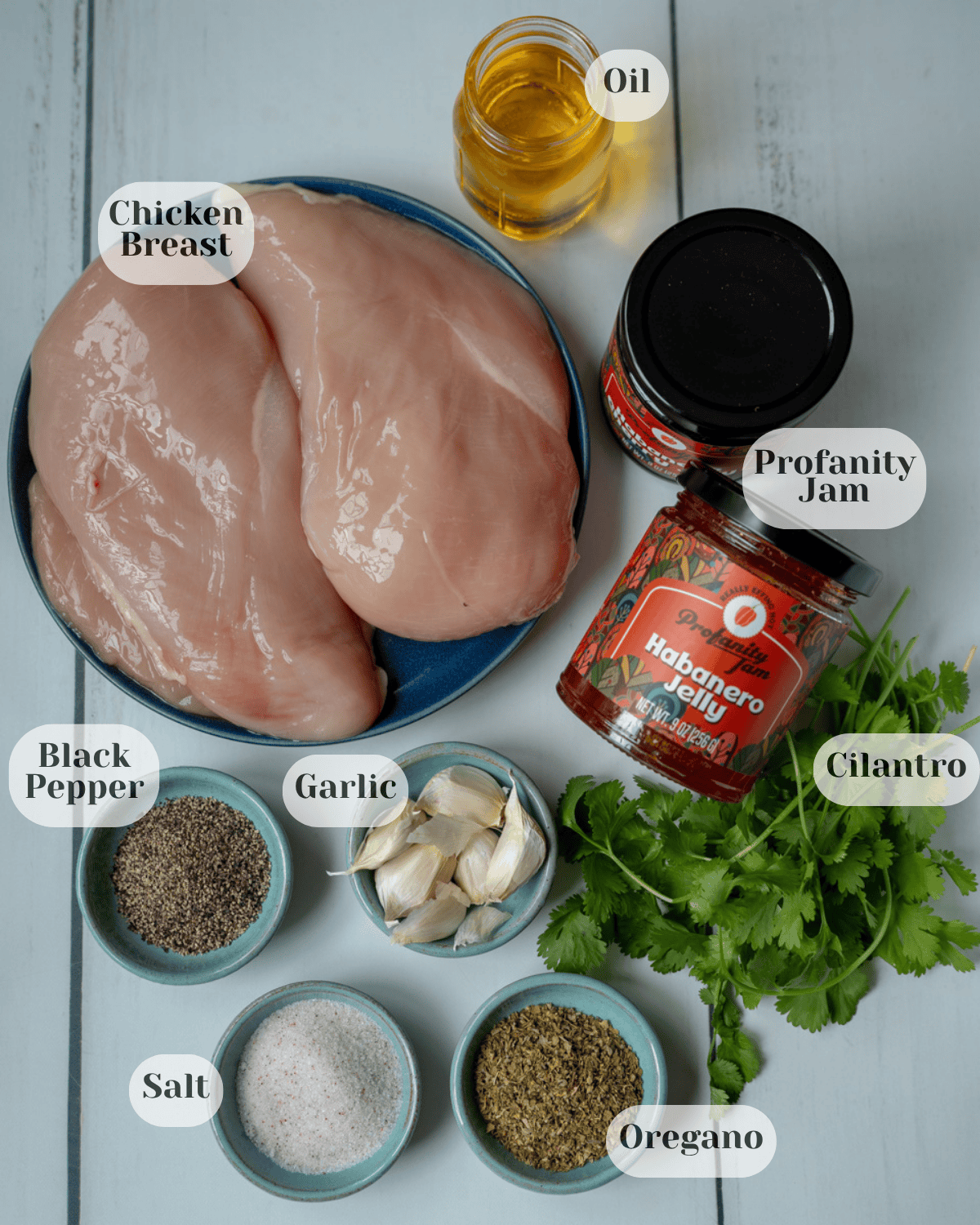Ingredient photo for jam-glazed chicken with labeled ingredients for easy identification.