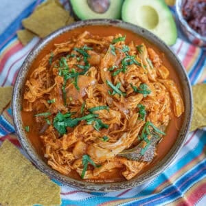 A deep bowl filled with shredded chicken in tomato sauce, topped with chopped fresh cilantro.