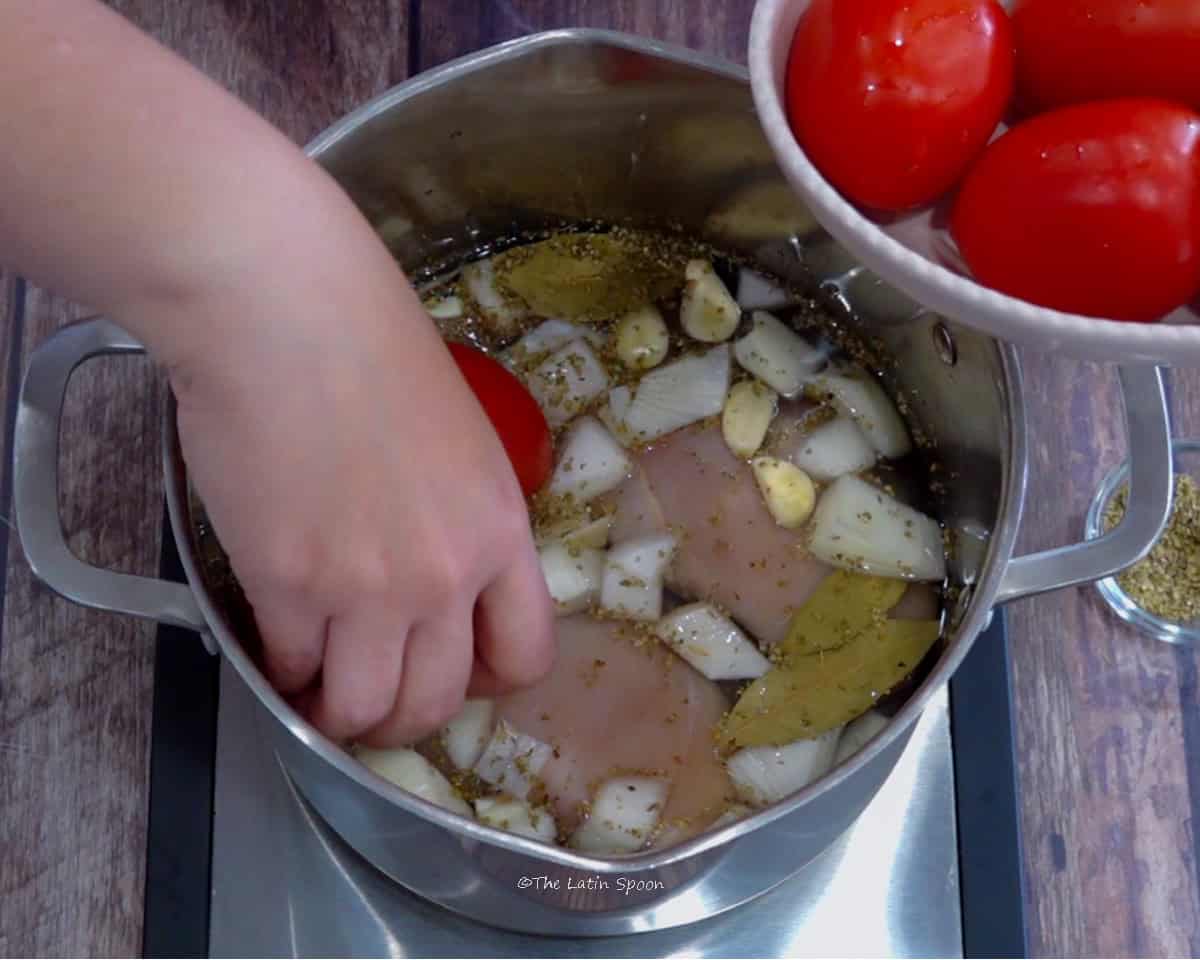 A pot containing chicken breasts, pieces of onion, and bay leaves, while a hand adds tomatoes.