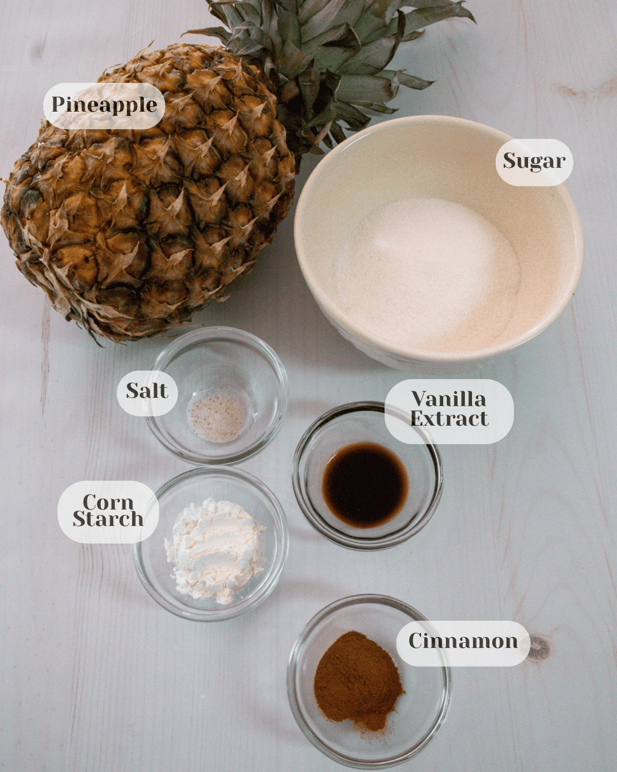 A front view of all ingredients needed to make the pineapple filling. Each ingredient has a label with its name